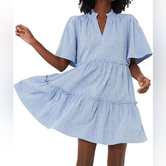Tuckernuck Dresses & Skirts - Tuckernuck Chambray Crawford Linen V Neck Flutter Sleeve Tiered Dress Small EUC